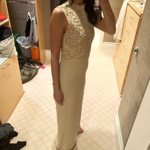 Vera Wang Vintage High Neck Beaded Gown in Tan